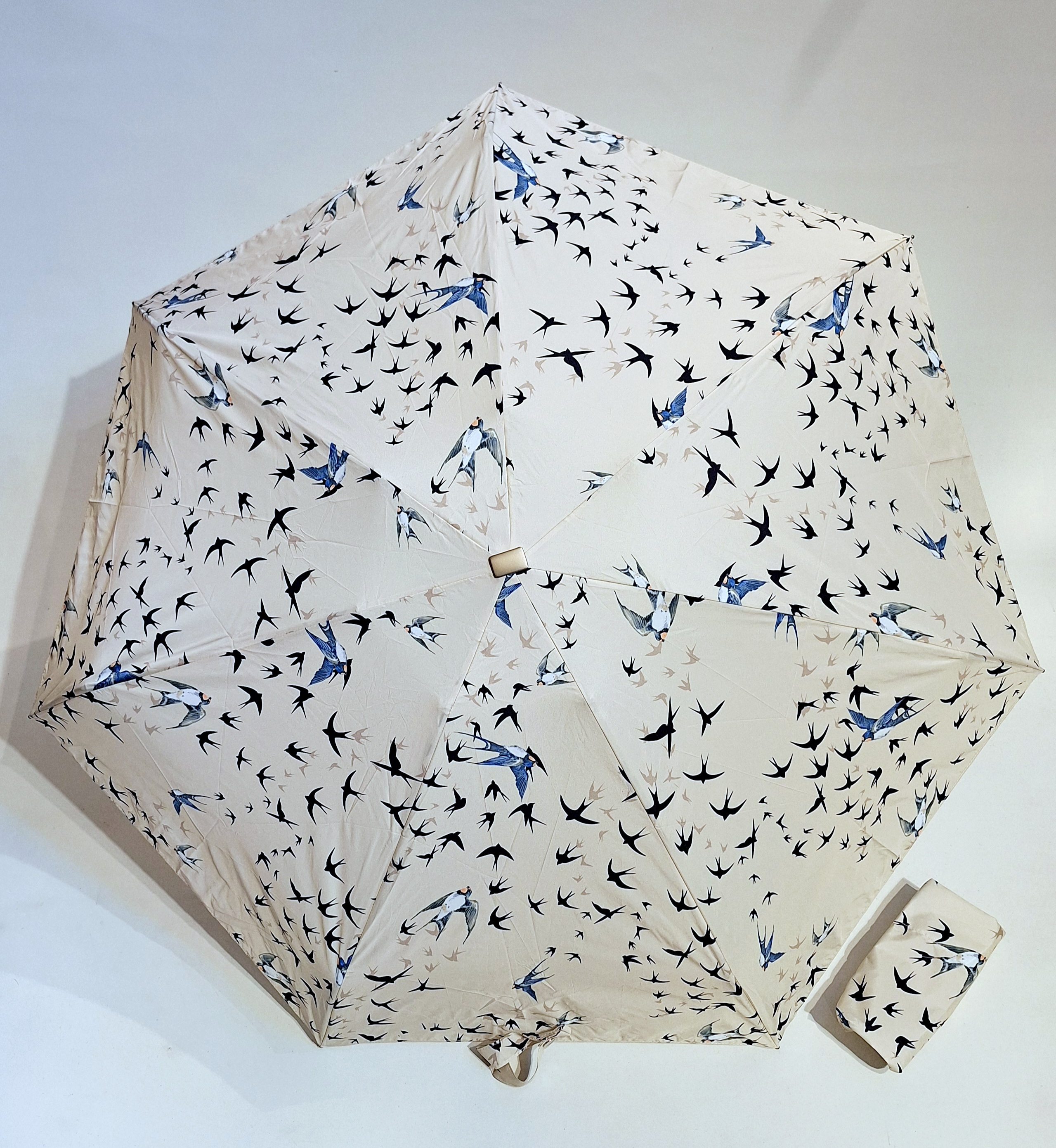 Parapluie de poche micro plat ivoire & vol d'hirondelles Vaux français - Petit 17cm - Léger manuel & 7 brches résistant - Top qualité